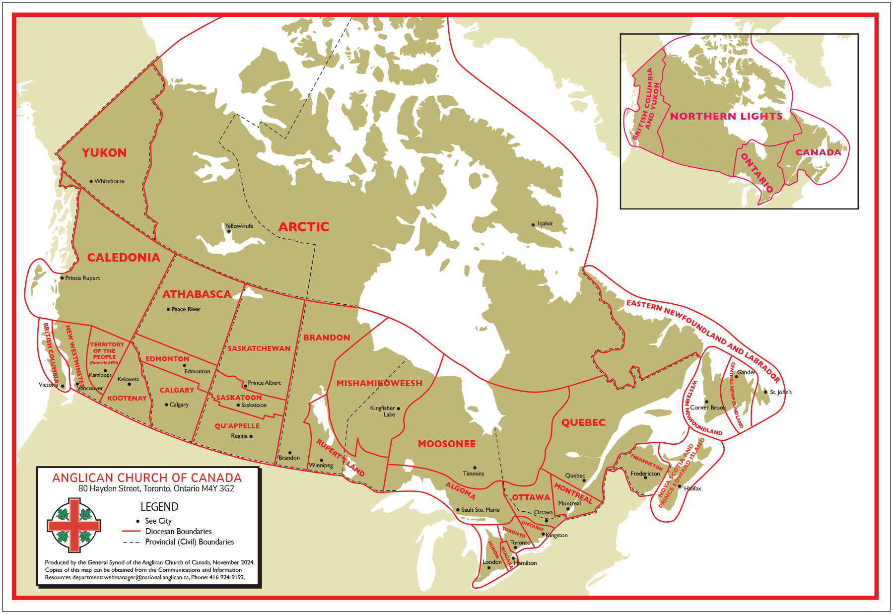 Line map of dioceses and Ecclesiastical Provinces of the Anglican Church of Canada