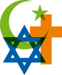 Image of a Green Crescent, Orange Cross, and Blue Star of David