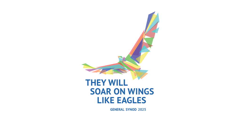 General Synod 2025 logo. An eagle comprised of multicoloured shapes with the text of the theme of General Synod “They will soar on wings like eagles” and the words "General Synod 2025"