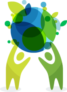 Illustration of two green figures holding up a blue and green abstract representation of the Earth